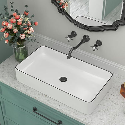 Rectangular Bathroom Vessel Sink - Beslend 24”x14” White Ceramic with Black Rim Porcelain Vessel Sink Above Counter Sink Modern Art Basin