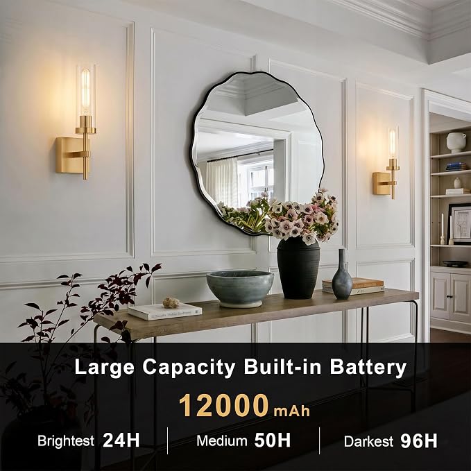 Gold Battery Operated Wall Sconce Set of 2, Wireless Wall Sconces with Remote Control, Rechargeable LED Dimmable Wall Light for Bedroom Bathroom Hallway Living room Entryway Stairwell, 3000K