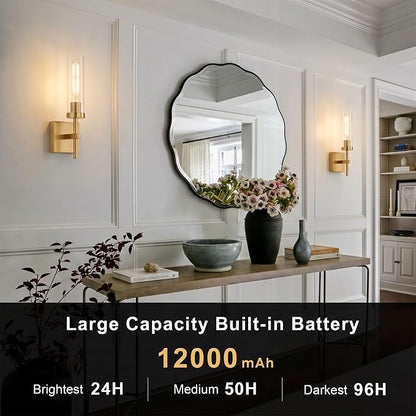 Gold Battery Operated Wall Sconce Set of 2, Wireless Wall Sconces with Remote Control, Rechargeable LED Dimmable Wall Light for Bedroom Bathroom Hallway Living room Entryway Stairwell, 3000K