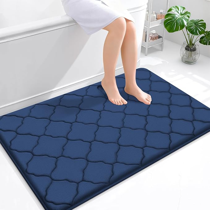 OLANLY Memory Foam Bath Mat Rug 47x32, Ultra Soft and Absorbent Bathroom Rugs, Non-Slip, Comfortable, Machine Washable Bath Carpet for Bathroom Floor, Tub, Shower and Home Decor Accessories, Navy