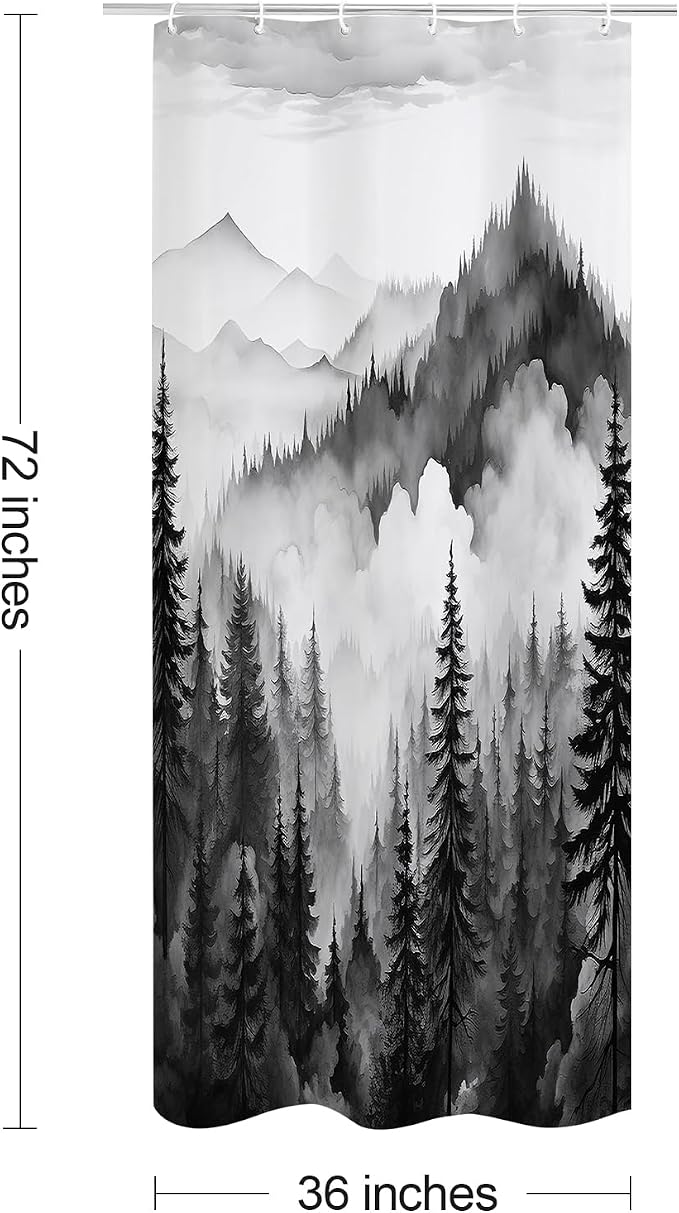 Litabel Black Small Stall Misty Pine Forest Shower Curtain 36 x 72, Mountain Foggy Woodland Scenery Tree Narrow Half Size Shower Curtains for Bathroom, Abstract Waterproof Nature-Themed Decor