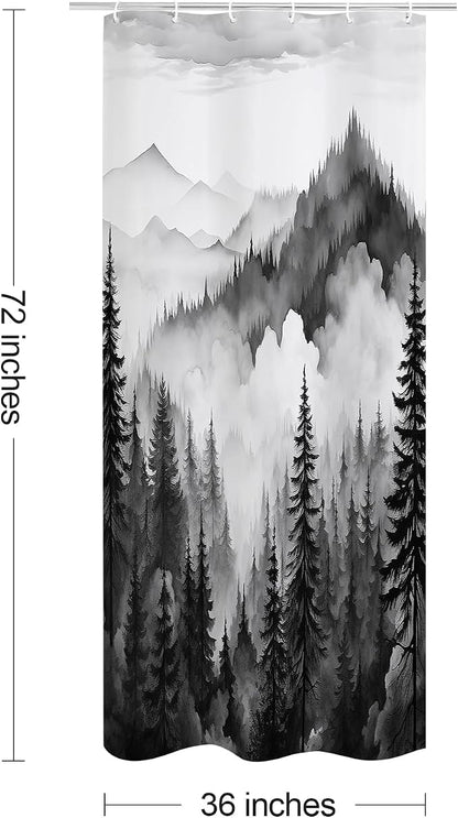 Litabel Black Small Stall Misty Pine Forest Shower Curtain 36 x 72, Mountain Foggy Woodland Scenery Tree Narrow Half Size Shower Curtains for Bathroom, Abstract Waterproof Nature-Themed Decor