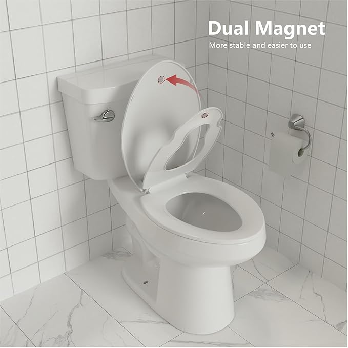 Potty Training Seat Built-In Toilet Seat, Elongated Toilet Seat 19 Inch with Baby Seat, 2 In 1 Soft Close Quiet No Slapping, Magnetic Absorption, Easy Installation for Bottom Fixing Toilet