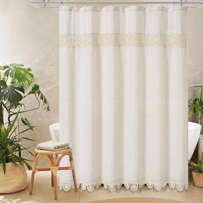 Boho Farmhouse Shower Curtain Set, Linen Cotton Fabric Shower Curtain with Macrame Lace Decor, Modern Bohemian French Country Chic Bathroom Curtain with PEVA Liner 72x72 - Beige/Cream | Farmhouse Shower Curtain with Macrame Decor, Bohemian Cotton Frenc...