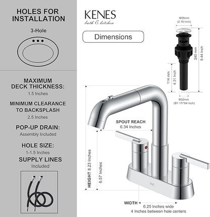 KENES Chrome Centerset Bathroom Faucet with Pull Out Sprayer, 4 Inch 2 Handle Pull Down Bathroom Faucet 3 Hole, Bathroom Sink Faucet with Pop Up Drain & Supply Lines LJ-9059A-5