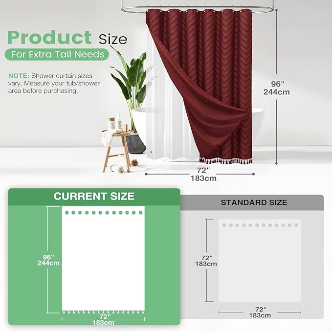 Dynamene Extra Long Shower Curtain and Liner Set - 96 inch Tall Boho Shower Curtain and Waterproof Clear Liner, Tufted Chevron Striped Tassel Shower Curtains for Bathroom, 12 Hooks, 72x96, Burgundy