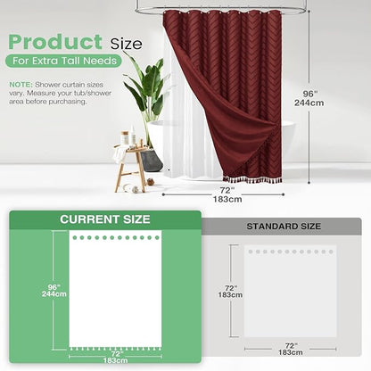 Dynamene Extra Long Shower Curtain and Liner Set - 96 inch Tall Boho Shower Curtain and Waterproof Clear Liner, Tufted Chevron Striped Tassel Shower Curtains for Bathroom, 12 Hooks, 72x96, Burgundy
