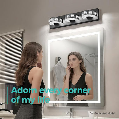 LED Modern Bathroom Vanity Light Fixtures (3-Light, 24W, 21.6-Inch), Matte Black Modern Crystal Bathroom Wall Lighting Fixtures Over Mirror (Cool White 5500K) for Apartment, Hotel