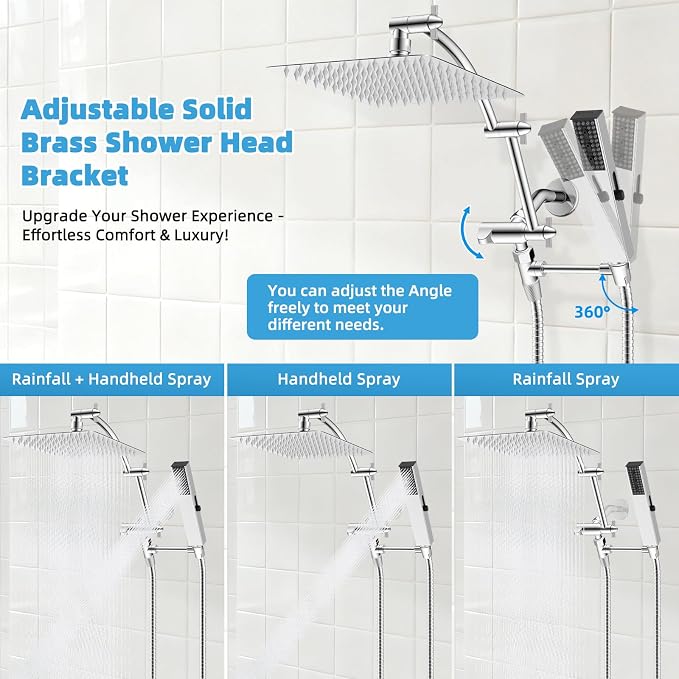 Hibbent All Metal CUPC Certified 10'' Rain Shower Head, Dual Shower Head Combo, High Pressure Handheld 4 Sprays Shower Wand, 16'' Adjustable Extension Arm, 71'' Hose, Shower Holder, Chrome