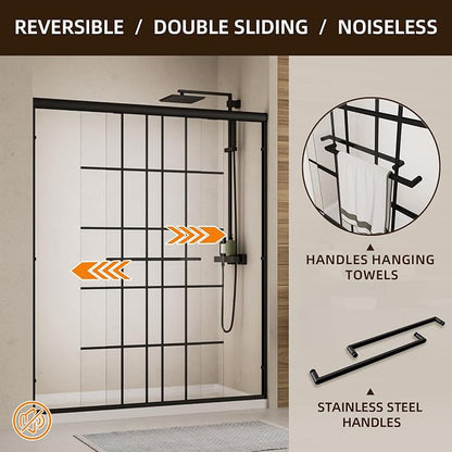 Semi-Frameless Sliding Shower Door 56-60"W x 72"H ,Grid Pattern Matte Black | Grid Pattern Design,6mm SGCC Tempered Glass,Nano Coating Easy Clean.Walk-in & Bathtub Use,Reversible Installation