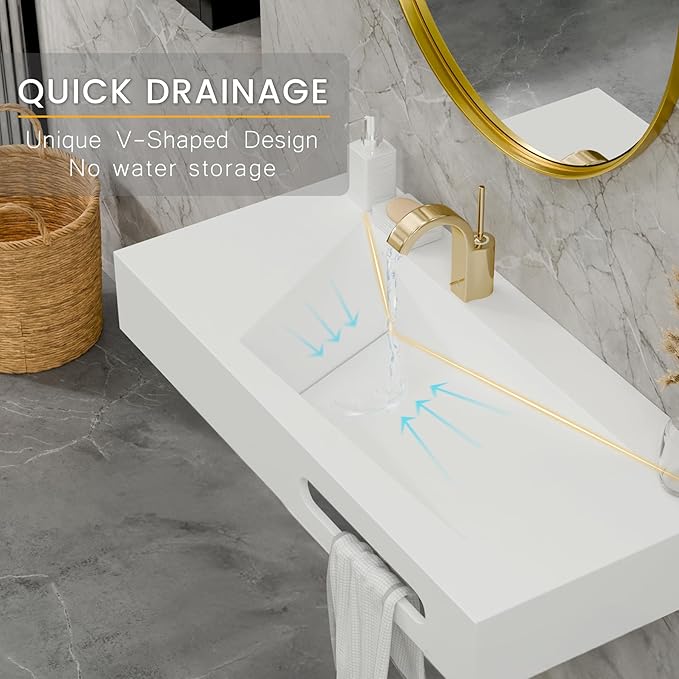 QJ&XY Resin Bathroom Sink 40" Wall Mounted V-Shaped White Basin with Towel Rack, Floating Vanity Sink in Soft-Touch Finish (Single Tier)