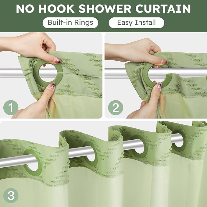 FADOTY Green No Hook Shower Curtain Set with Snap in Liner, 71'' x 74'' | Bathroom Hotel Fabric Curtain, Waterproof Washable Liner, See Through Top Window, Ringless Chevron Tufted Cloth Curtain
