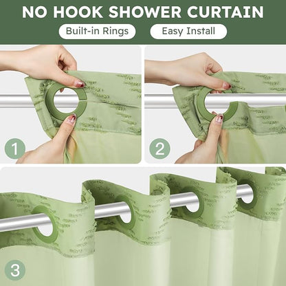 FADOTY Green No Hook Shower Curtain Set with Snap in Liner, 71'' x 74'' | Bathroom Hotel Fabric Curtain, Waterproof Washable Liner, See Through Top Window, Ringless Chevron Tufted Cloth Curtain