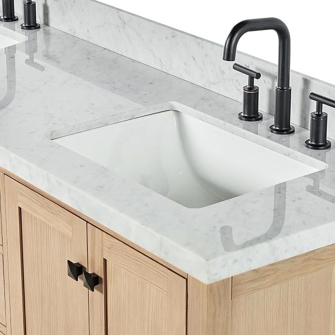 ARIEL Cambridge 72-inch Bathroom Vanity with Sink,Solid Wood, 1.5-inch Italian Carrara Marble Countertop, Double Rectangular Porcelain Sink, 4 Soft Closing Doors, 6 Dovetail Drawers, White Oak