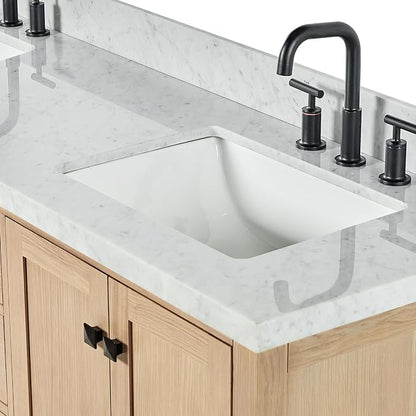 ARIEL Cambridge 72-inch Bathroom Vanity with Sink,Solid Wood, 1.5-inch Italian Carrara Marble Countertop, Double Rectangular Porcelain Sink, 4 Soft Closing Doors, 6 Dovetail Drawers, White Oak