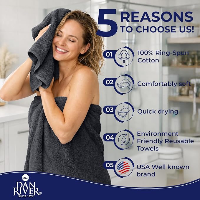 DAN RIVER 8 Piece Luxury Bath Towels for Bathroom, Towel Set, Dark Gray | 2 Bath towels, 2 Hand towels, and 4 Wash Cloths, 600 GSM 100% Ring Spun Cotton, Highly Absorbent, Gym, Hotel, guest, and Spa