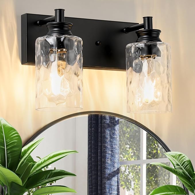 2 Light Bathroom Vanity Light Modern Black Bathroom Light Fixtures Over Mirror with Hammered Glass Lampshade for Kitchen Hallway