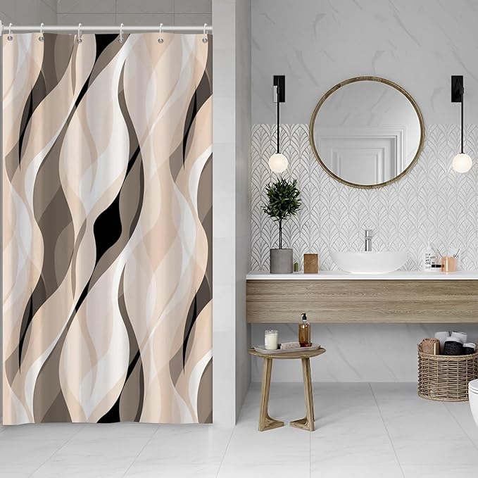 Cream Shower Curtain, Modern Abstract Cream and Grey Striped Shower Curtain Set for Bathroom Waterproof Polyester Shower Curtain with Hooks, 48x72 Inch