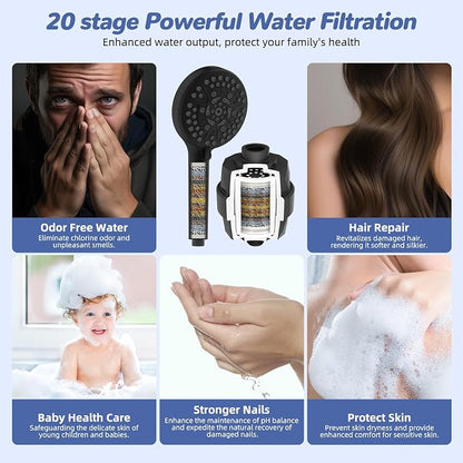 Hibbent 5-spray Filtered Rainfall Shower Head Combo, High Pressure 13'' Showerhead with 10 Spray Modes Handheld, All Metal 3 way Diverter Shower Arm, 71'' Hose and Holder, Matte Black