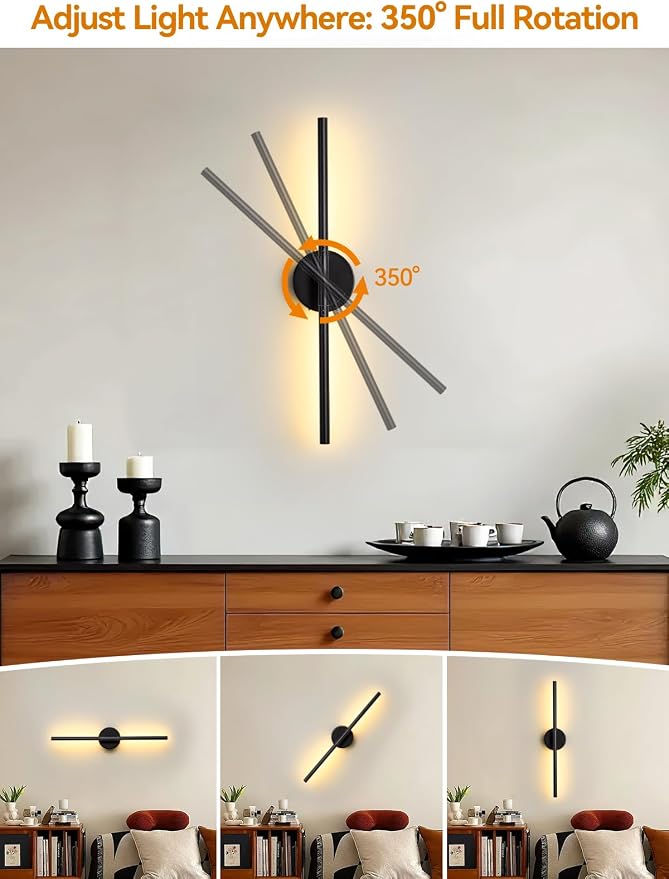 24" Black Battery Operated Wall Sconce, Remote & Touch Control | 3000K-6000K Dimmable LED Rechargeable Wall Light, Wireless Sconces wall Decor with Timer, Wall Lamp for Bedroom, Living Room