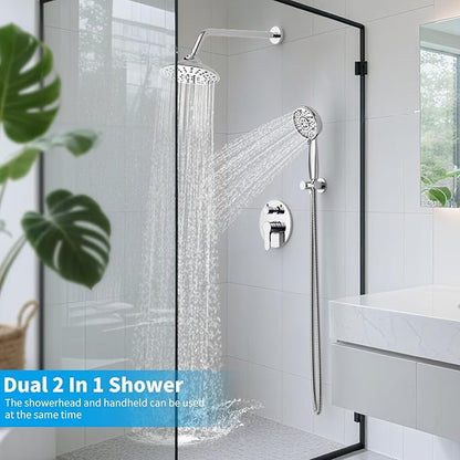 EMBATHER Shower Faucets Sets Complete with 3 Setting High Pressure Shower Head, Bathroom Wall Mounted Rainfall Shower Fixtures with 8-Mode Handheld Spray, Polished Chrome