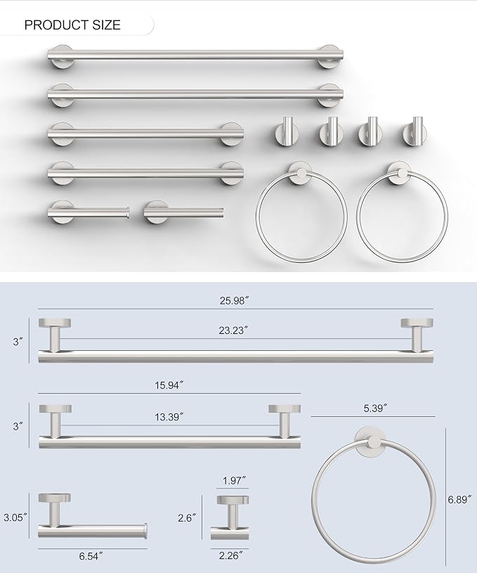 12 Pcs Brushed Nickel Bathroom Hardware Accessories Set | SUS304 Stainless Steel Bath Towel Bar Set, Toilet Paper Holders, Towel Rings Racks, Robe Towel Hooks by HOMEMYSTIQUE