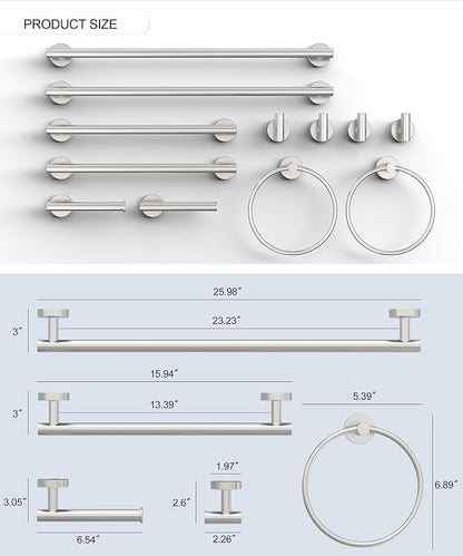 12 Pcs Brushed Nickel Bathroom Hardware Accessories Set | SUS304 Stainless Steel Bath Towel Bar Set, Toilet Paper Holders, Towel Rings Racks, Robe Towel Hooks by HOMEMYSTIQUE