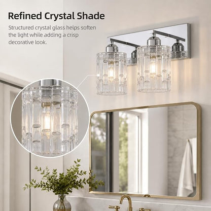 Chrome 2-Light Crystal Bathroom Vanity Light Fixture Over Mirror, Modern Bathroom Wall Light for Living Room, Bedroom, Hallway