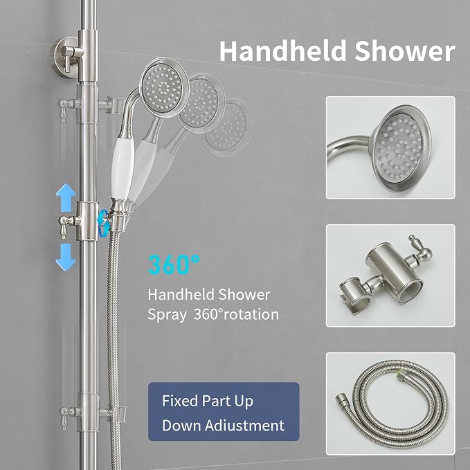 Exposed Shower System,Outdoor Shower Kit,Brushed Nickel | 8 Inch Rain Shower Head Sprayers,Handheld Shower Head & Tub Spout,Solid Brass,Dual Handle,High Pressure,Wall Mounted