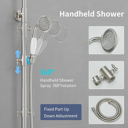 Exposed Shower System,Outdoor Shower Kit,Brushed Nickel | 8 Inch Rain Shower Head Sprayers,Handheld Shower Head & Tub Spout,Solid Brass,Dual Handle,High Pressure,Wall Mounted