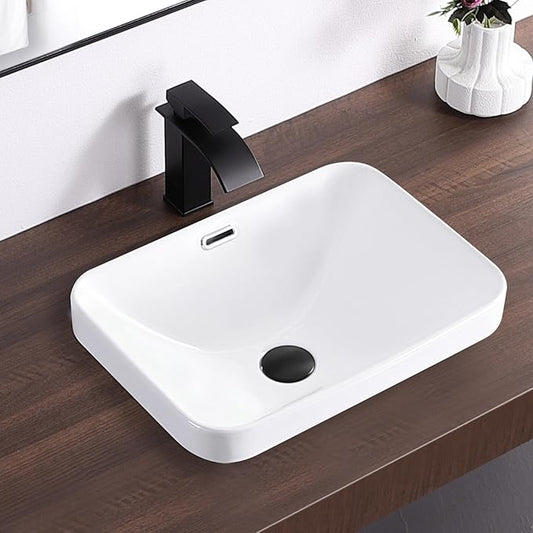 Bathroom Vessel Sink 18.2'' x 13.3'' Semi Recessed Bathroom Sink Rectangular Drop-in Vanity Sink with Overflow White Ceramic Modern Art Basin