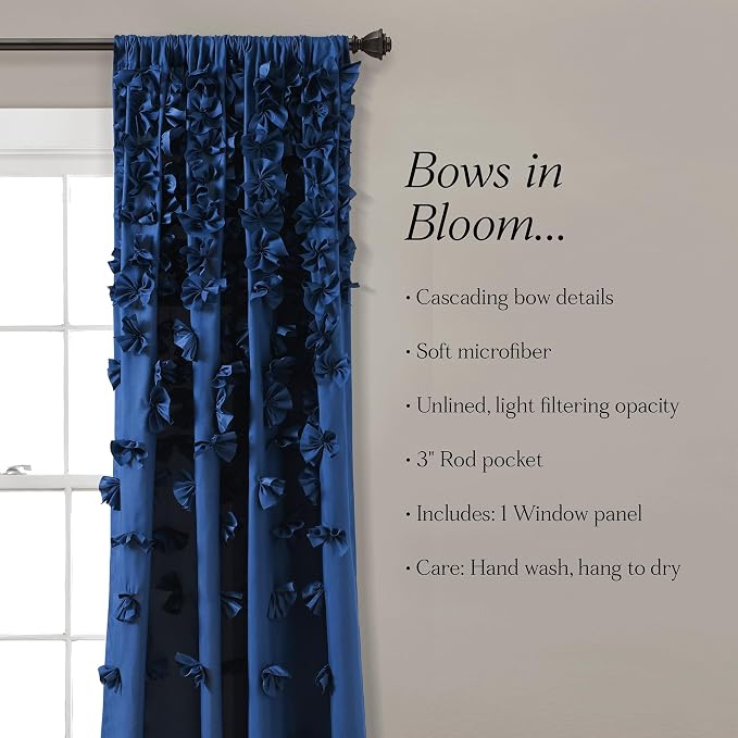 Lush Decor Riley Light Filtering Window Curtain Panel, Single 54" W x 95" L, Navy - Cute Blue Curtains for Bedroom - Bow Decor - Coquette Curtains for Windows