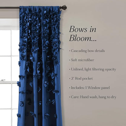 Lush Decor Riley Light Filtering Window Curtain Panel, Single 54" W x 95" L, Navy - Cute Blue Curtains for Bedroom - Bow Decor - Coquette Curtains for Windows