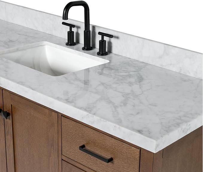 ARIEL Cambridge 60-inch Bathroom Vanity with Sink,Solid Wood, 1.5-inch Italian Carrara Marble Countertop, Single Rectangular Porcelain Sink, 2 Soft Closing Doors, 9 Dovetail Drawers, Brown Oak