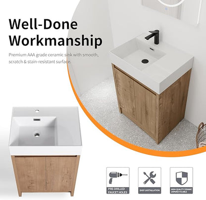 24'' Freestanding Bathroom Vanity, 24 Inch Floor Stand Bathroom Vanity with Sink, Single Resin Sink Cabinet Set, Modern Storage Cabinet, with Soft Closing Door, B03624IMO-+24120LMO
