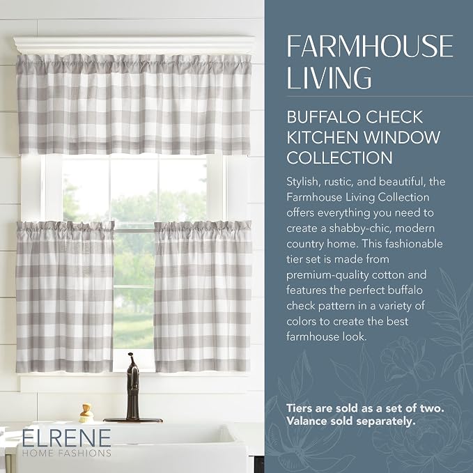 Farmhouse Living Buffalo Check Window Valance, Gray/White - 60" W x 15" L