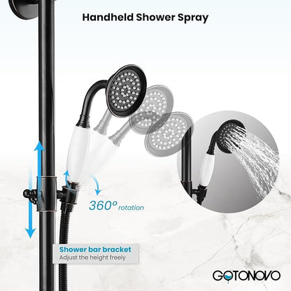 gotonovo Exposed Bathroom Shower System Two Cross Handle Oil Rubbed Bronze | Vintage Brass Tub Shower Faucet Set,8’’ Rain Head with Handheld Spray,Swivel Tub Spout,6’’ Hole Distance,Adjustable Height