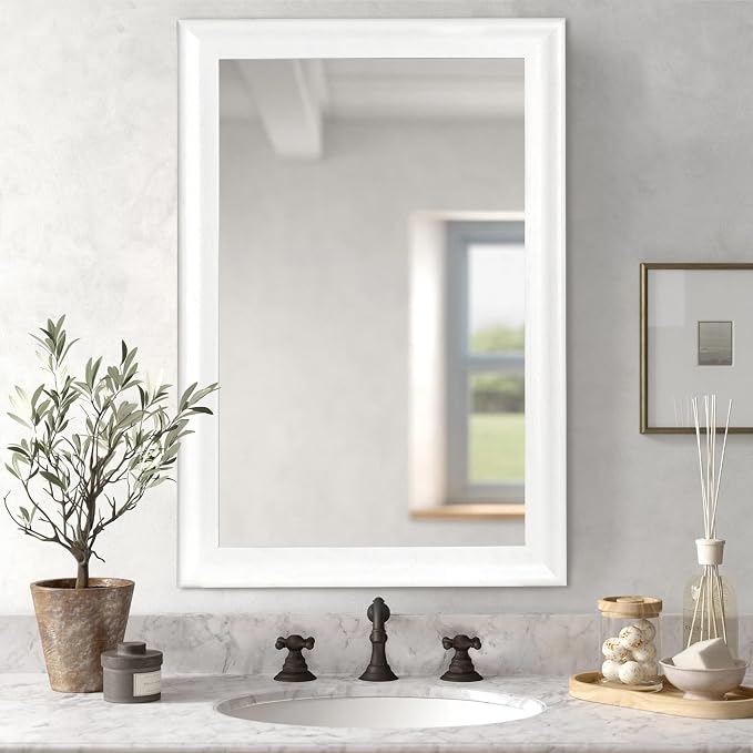White Wood Wall Mirror for Bathroom,Rectangle 20 x 30 inch Vanity Mirrors | Hanging Mirror with Wooden Frame for Living Room,Bedroom,Entryway