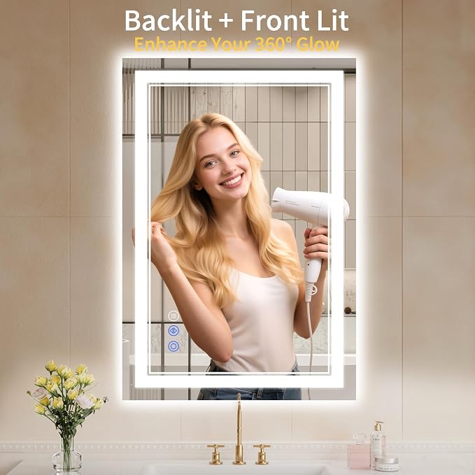 26"x38" Bathroom Mirror with Lights, Anti-Fog, Backlit + Front Lit, Dimmable, Led Vanity Mirror for Wall, Lighted Bathroom Mirror, 3 Colors, Shatter-Proof Tempered Glass