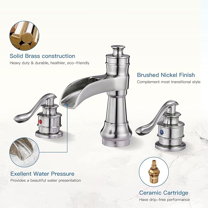 BWE 8 Inch Widespread Bathroom Faucet with Pop Up Drain with Overflow and Supply Line Waterfall 3 Holes Two-Handle Sink Faucets Brushed Nickel Lavatory Mixer Tap