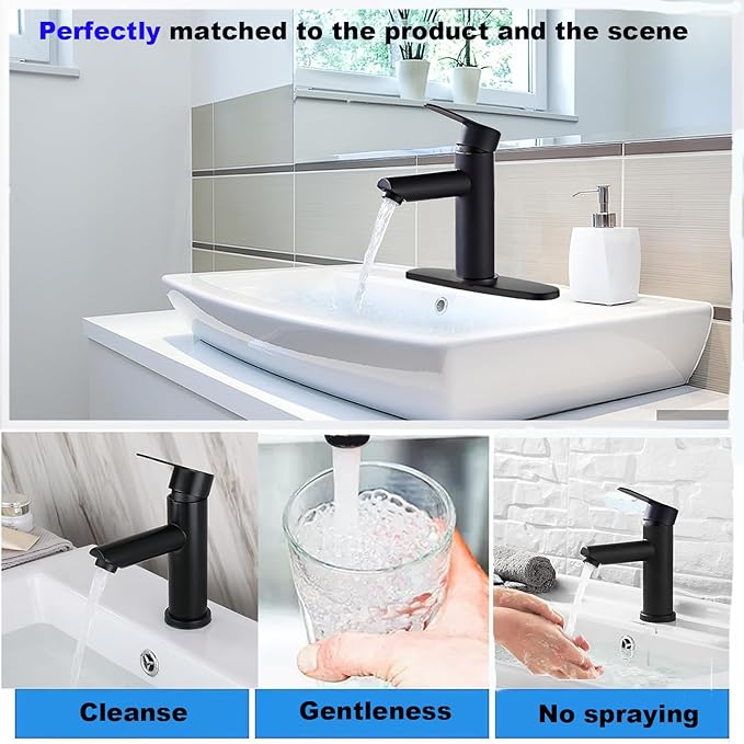 Bathroom Cold & Hot Stainless Steel Faucet, Ceramic Valve Cylinder; Silent Anti-Drip, Single Handle, Water Saving, Washbasin Sink, for Bathroom & Basin, Small Kitchen Faucet (Black)