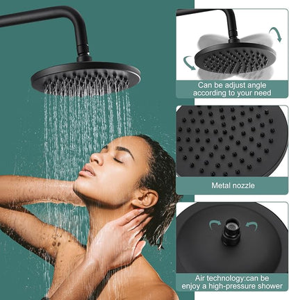 Heyalan Exposed Shower System, 8 Inch Rain Head, Handheld, Matte Black | Exposed shower system with 8 inch rain head, handheld sprayer, single handle control, and complete wall-mounted setup.
