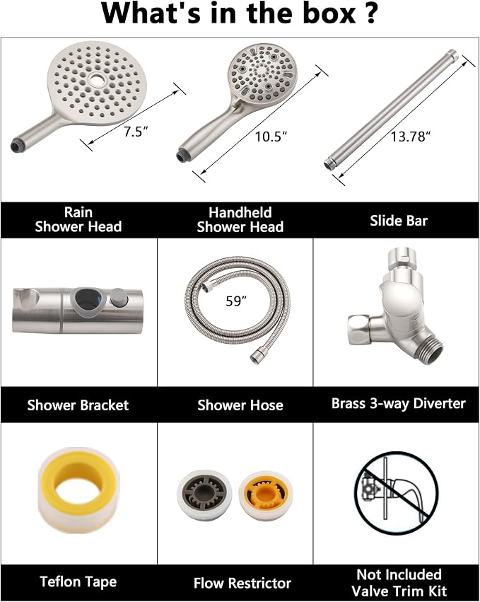 PDPBath High Pressure Rainfall Shower Head with Handheld Combo, 10 Setting Handheld Shower Head, Dual Handheld Shower Head Combo with Slide Bar for Easy Reach, Brushed Nickel