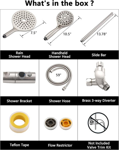 PDPBath High Pressure Rainfall Shower Head with Handheld Combo, 10 Setting Handheld Shower Head, Dual Handheld Shower Head Combo with Slide Bar for Easy Reach, Brushed Nickel