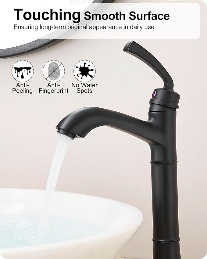 Brass Vessel Sink Faucet Black Single Handle, Tall Bathroom Faucets for Vessel Sinks 1 Hole with Pop-Up Drain, Pre-Installed Hoses, Removable Aerator