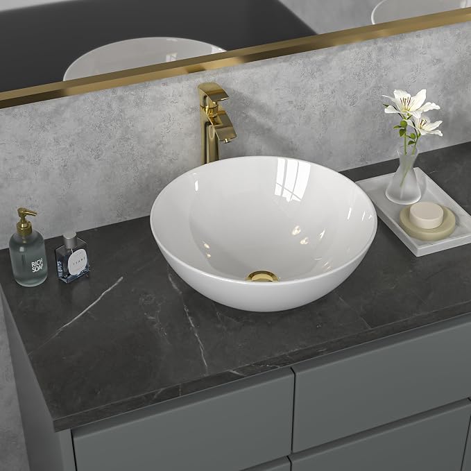 Sarlai Vessel Sink Round - 16"x16" Modern Round Bowl Above Counter White Porcelain Ceramic Bathroom Vessel Vanity Sink Art Basin