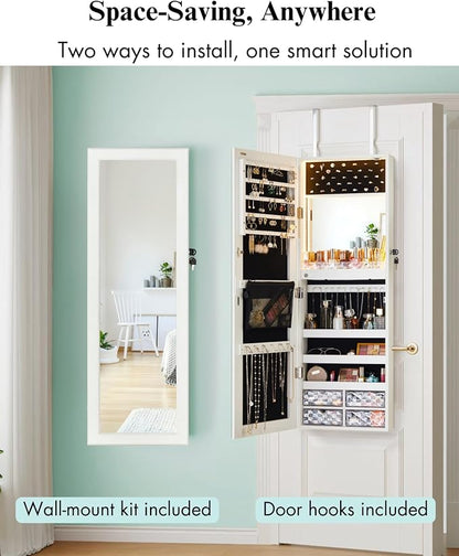 LUXFURNI Wall & Door‑Mounted Storage Jewelry Armoire Cabinet with Mirror | Built‑in LED Mirror, Acrylic Lipstick Tray, 4 Clear Drawers, Large Velvet‑Lined Storage, Full Length Mirror Lockable