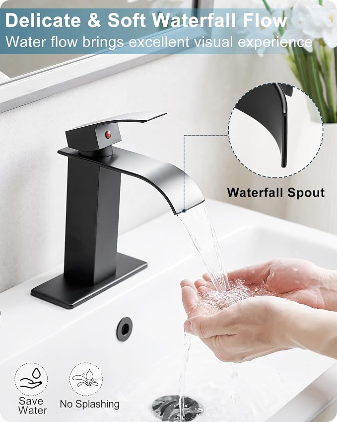Matte Black Bathroom Faucet 1 Hole or 3 Hole (4 Inch), Brass Waterfall Faucet for Bathroom Sink, Modern Bathroom Faucets Single Handle with Deck Plate & Pop-up Drain Supply Hoses No Noise