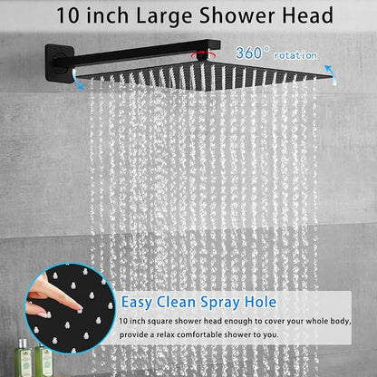 Matte Black Shower System YCAIKOI Wall Mount Shower Faucet Set for Bathroom 10 Inch High Pressure Luxury Shower Head with Handheld, Rough-in Valve Body and Trim Included