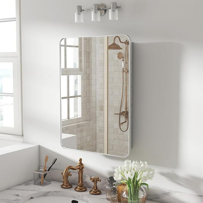 20x28 in Bathroom Medicine Cabinet with Mirror, Matte Silver | Fully Assembled; Recessed or Surface Wall Mount; Metal Cabinet with Tempered Glass Mirror and Two Adjustable Glass Shelves